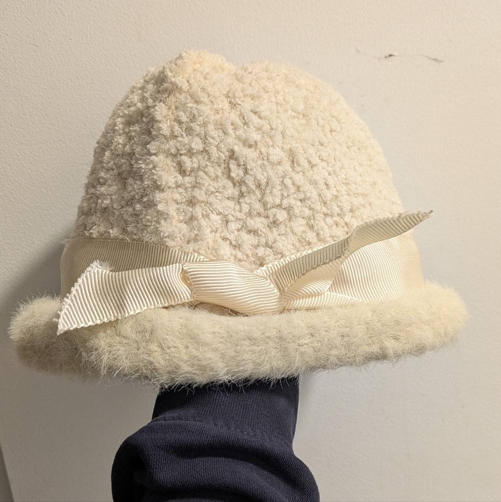 Cream Fuzzy Hat with Ribbon